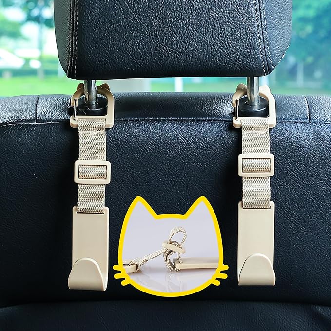 Amooca Car Headrest Hooks 4 Pack Adjustable Universal Fit Auto Seat Back Organizer Storage Hanger Purse Bags Holder with Clip Beige