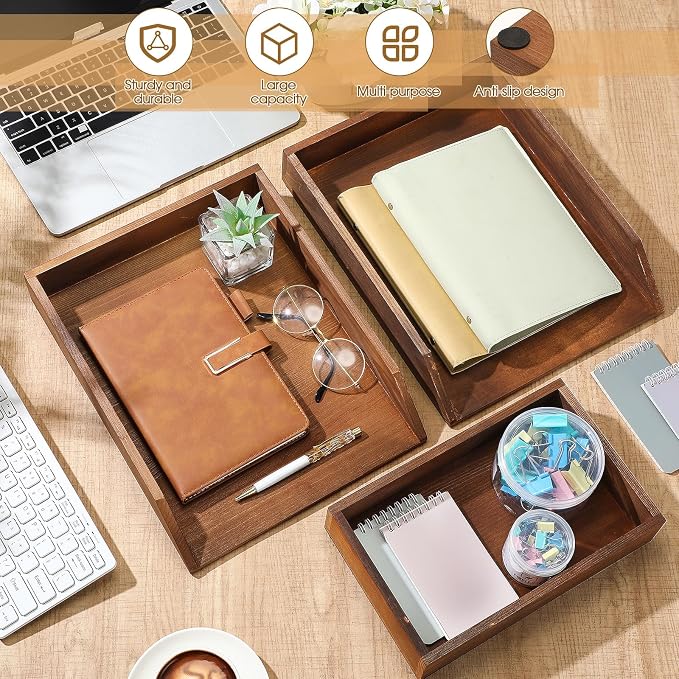 Beeveer 3 Pcs Wooden Letter Tray Stackable Document Desk Letter Tray 3 Layer Desktop Paper Organizer Heavy Duty 3 Tier Support Tabletop Inbox Drawer File Folder Back to School Office Home(Brown)