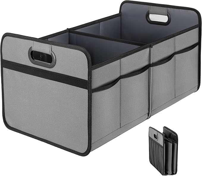 YSSOA 2 Compartments Car Trunk Organizer, 600D Oxford Polyester Car Storage, Anti-slip 14" D x 22" W x 12" H Collapsible Trunk Storage, Suitable for SUV, Minivan, Truck, Grey