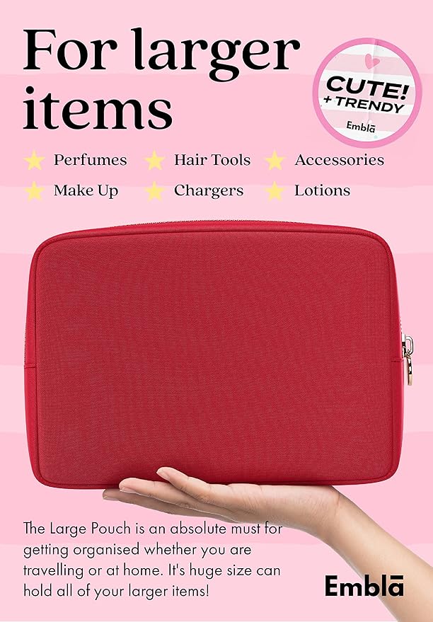 Embla Large Makeup Bag and Waterproof Nylon Travel Toiletry Bag, Large Capacity Cosmetic Zipper Pouch, Red