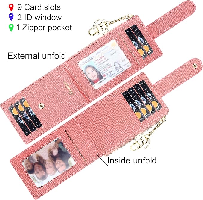Badiya Slim Women Wallet RFID Blocking Bifold Compact 9 Card Slots Holder Wallets Soft Leather with Zipper Coin Pocket 2 ID Window