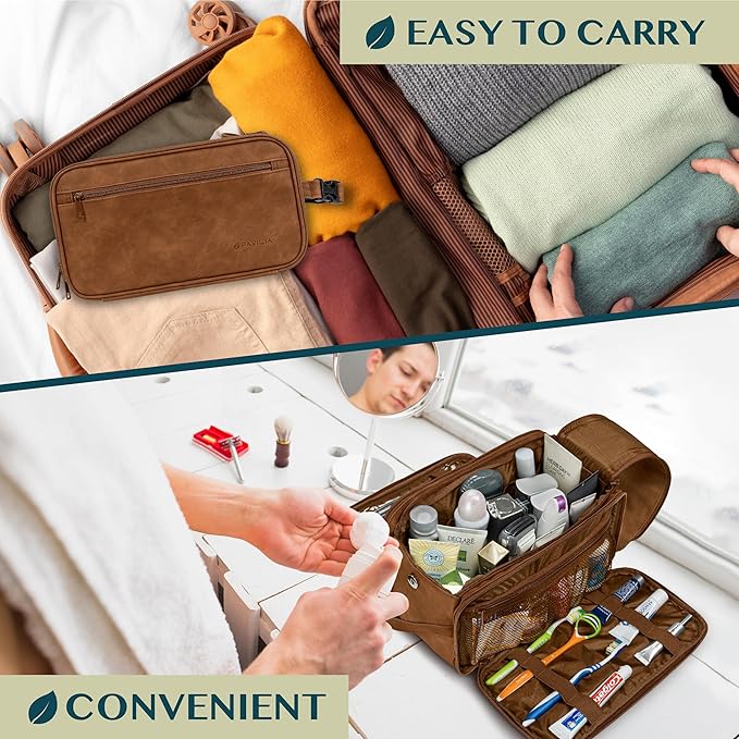 PAVILIA Toiletry Bag for Men, Hanging Travel Dopp Kit Organizer, PU Leather Water Resistant Bathroom Bag for Shaving Grooming, Large Capacity Cosmetic Bag Travel Essentials, Brown