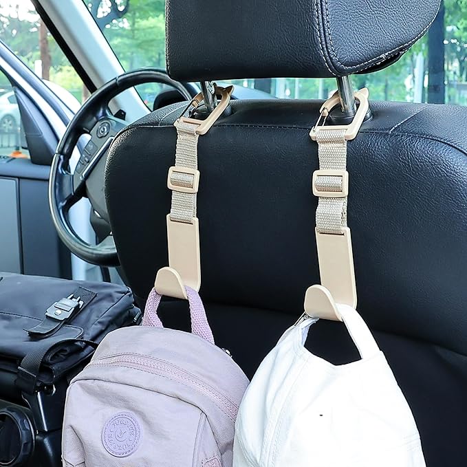 Amooca Car Headrest Hooks 4 Pack Adjustable Universal Fit Auto Seat Back Organizer Storage Hanger Purse Bags Holder with Clip Beige