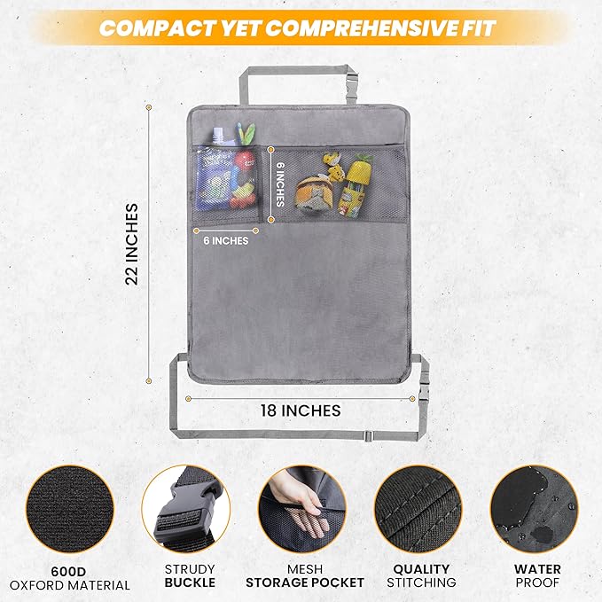 EcoNour 2-Pack Back of Seat Protector for Kids Feet | Grey Oxford Fabric Car Kick Mats with 2 Pocket Organizer | Seat Protector for Vehicles from Dirt, Mud & Scratches | Car Accessories