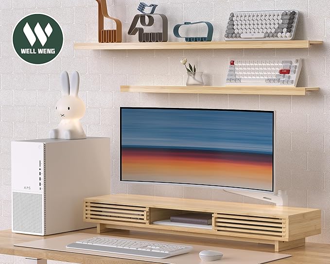 Dual Monitor Stand Riser with Sliding Door, Double Computer Laptop Stand Desk Shelf Organizer with Storage for 2 Monitors (Natural Bamboo, 38 Inch)