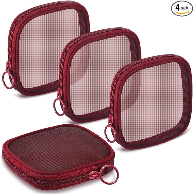 Weewooday 4 Pcs Mesh Makeup Bag Mesh Cosmetic Bag Travel Toiletry Pouch with Zipper Mini Makeup Cosmetic Purse for Daily Accessory(Small,Wine Red)