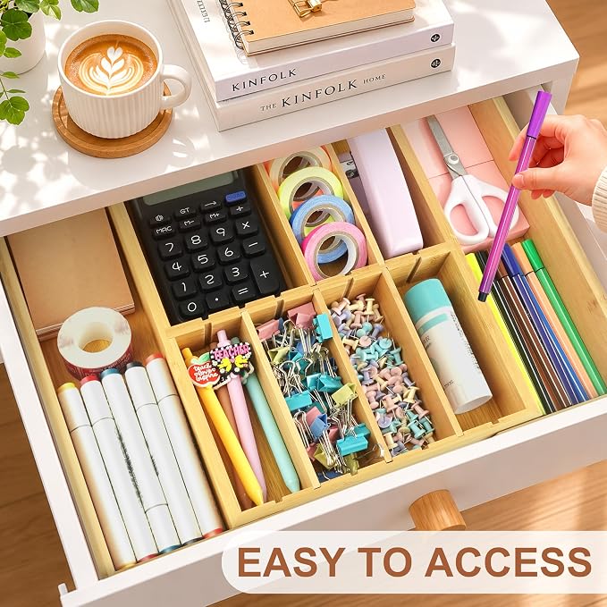 TREWAVE Bamboo Desk Drawer Organizer, Expandable Drawer Organizer Tray with Adjustable Dividers, Wooden Storage Organizers for Office Supplies, Crafts, Makeup & Kitchen Cutlery, 12.6" - 15.6" Wide