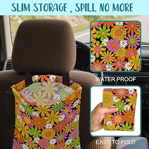 Car Garbage Bag Colorful Vintage Groovy Flowers Drawstring Car Trash Bag Hanging for Back Seat with Adjustable Buckle Canvas Vehicle Trash Can Easy-to-Install