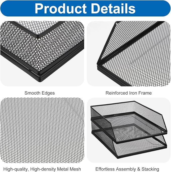 2-Tier Stackable Paper Tray Organizer with Top Tray, Metal Mesh Desktop File Holder & Document Sorter for Office, Home, Learning Places (Black)