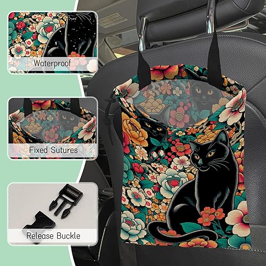 Black Cats Car Trash Bag,Tropical Flowers Hanging Drawstring Car Garbage Bag,Waterproof Canvas Car Back Seat Organizer with Adjustable Buckle,for Vehicles,SUVs,Camping,Road Trips