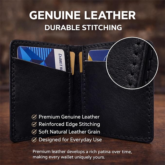 Genuine Leather Bifold Card Holder Wallet for Men & Women – Slim Minimalist Front Pocket Credit Card Wallet, Compact Leather Credit Card Case for Travel & Everyday Carry- Black