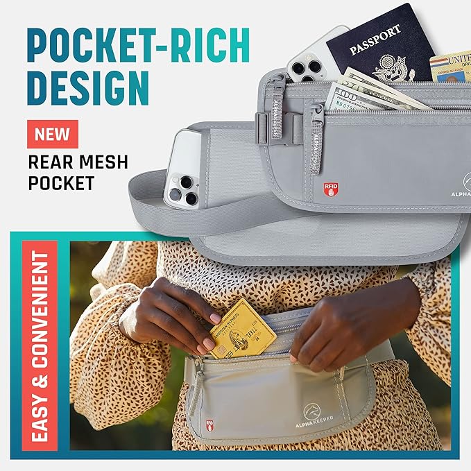 Alpha Keeper Money Belt for Travel Hidden Under Clothes – RFID Blocking Passport Holder & Slim Waist Wallet Pouch for Women & Men, Anti-Theft Travel Accessories