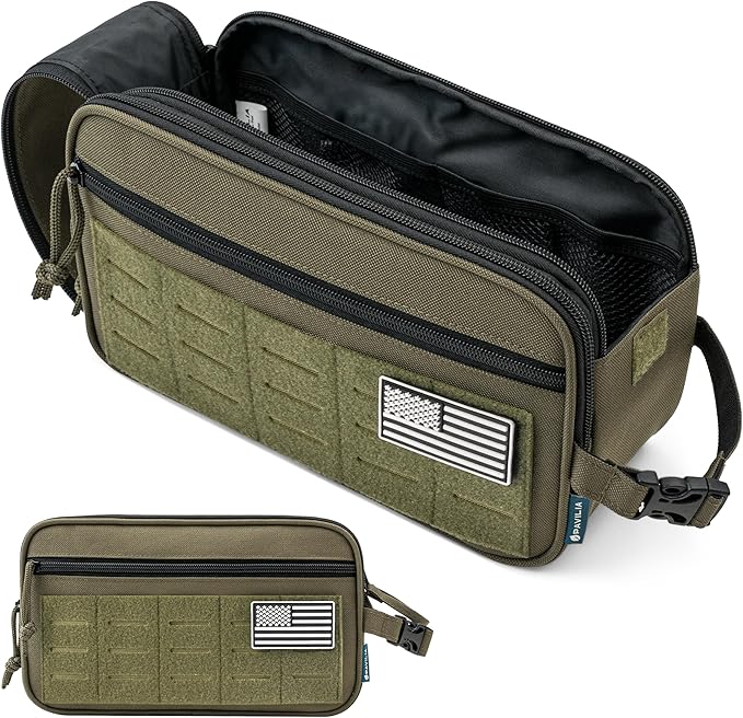 PAVILIA Tactical Toiletry Bag for Men, Water Resistant Molle Military Dopp Kit, Travel Hygiene Organizer with Wet Dry Storage for Shaving, Grooming, Gym and Camping, Olive XL