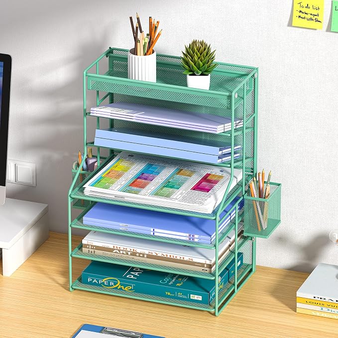 White 7 Tier Desk File Organizer, Metal Letter Tray Paper Organizer with Pull-Out Drawer, Removable Pen Holder & Hanging Basket, Vertical Desktop File Holder for Home Office, Classroom