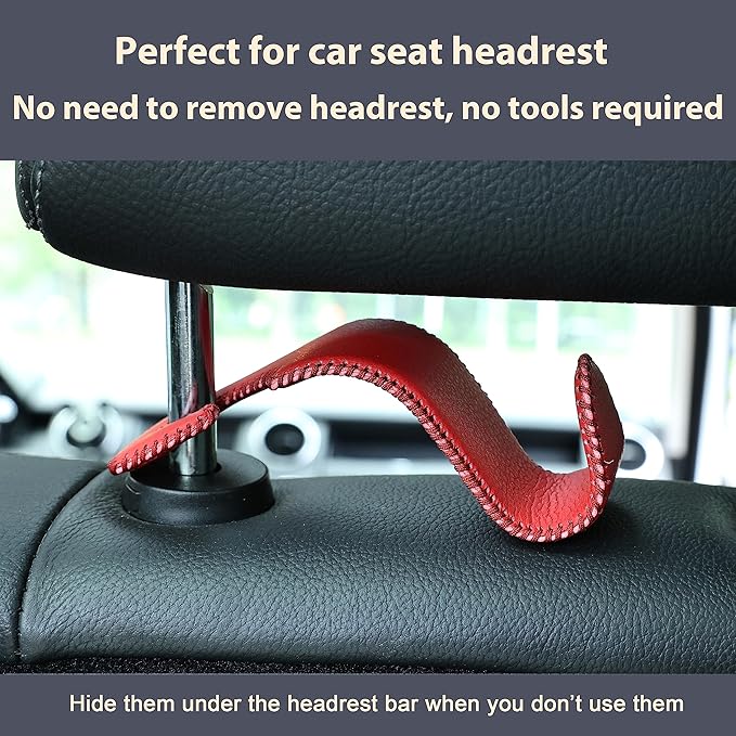 Amooca Car Seat Headrest Hook Universal Vehicle Storage Hanger Leather with Metal Car Seat Back Organizer for Handbag Purse Coat Wine 2 Pack