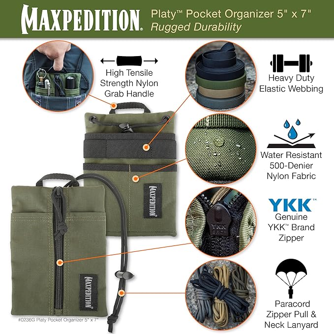 MAXPEDITION Platy Pocket Organizer, Durable EDC Tool Pouch for Men, Neck Wallet with Paracord Lanyard, Holds Flashlight, Multitool, Pen, Notebook