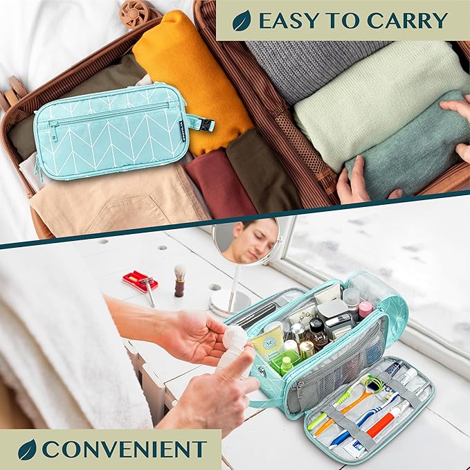PAVILIA Toiletry Bag for Men Women, Hanging Travel Dopp Kit Organizer, PU Leather Water-Resistant Bathroom Bag for Shaving Grooming, Large Capacity Cosmetic Bag Travel Essentials, Teal Chevron