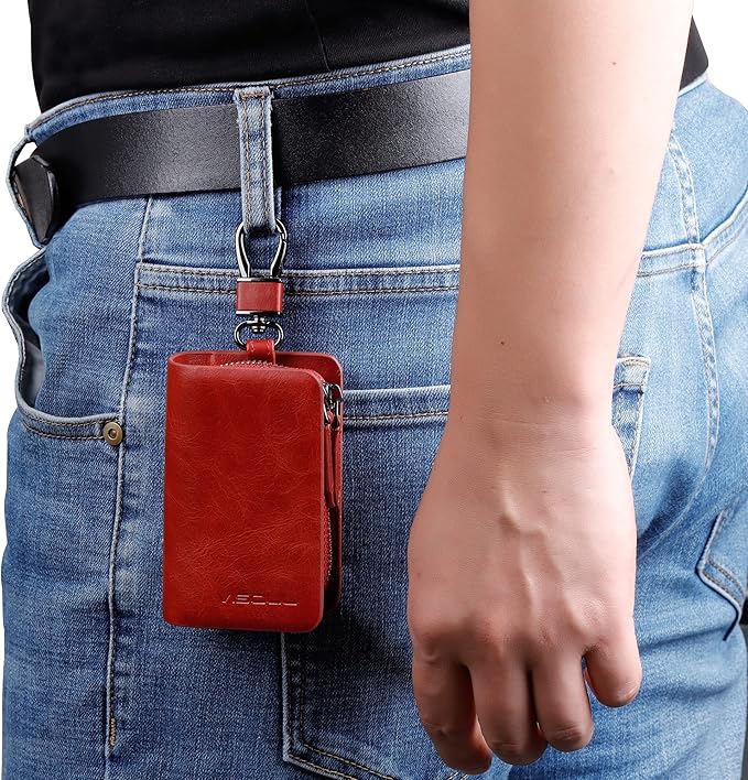 VISOUL Car Key Case Holder Double Zipper, Leather Car Smart Key Fob Case with Keychain for Men and Women
