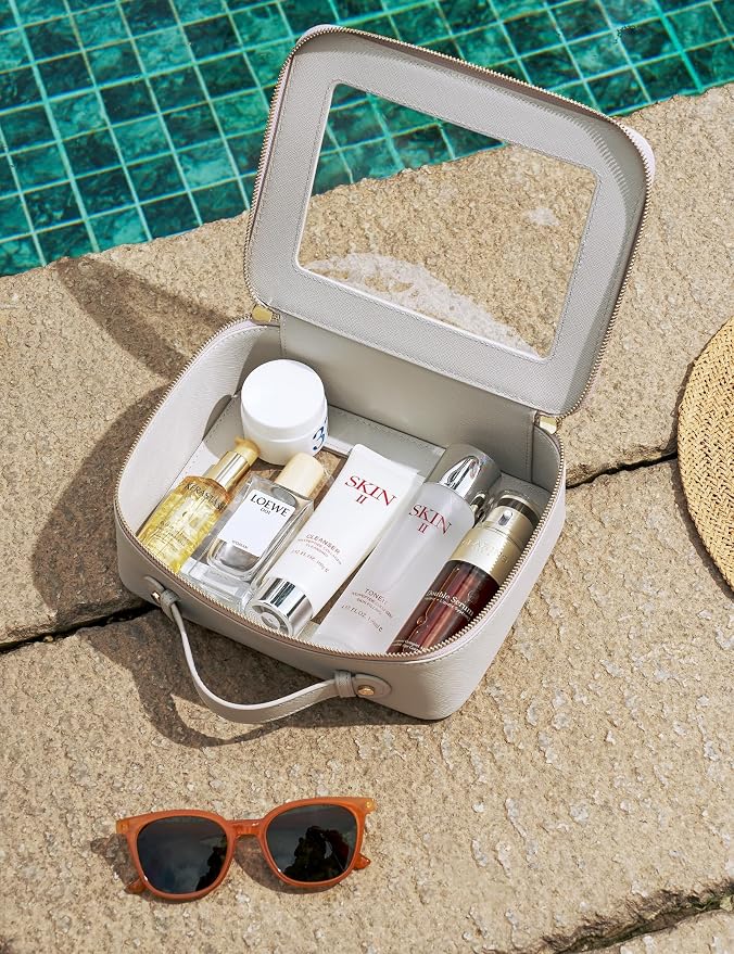Popvibe Clear Makeup Bag Toiletry Case Travel Transparent Cosmetic Bag with Zipper, Portable Make Up Organizer Traveling Compact Car Bag for Essentials, Beige Grey