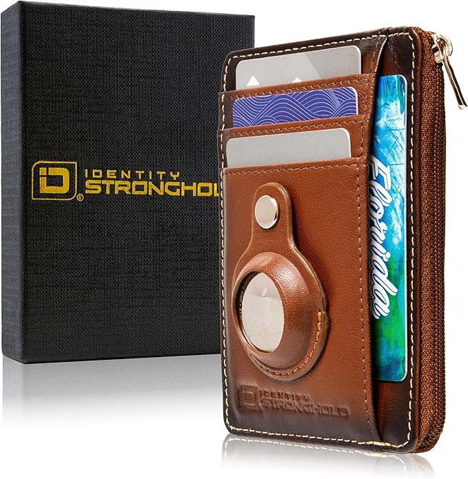 ID Stronghold RFID Blocking Front Pocket Wallet – Slim Minimalist Genuine Leather Wallet with Zipper Coin Pocket (Airtag Antiqued Brown)