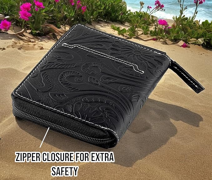 Passport Wallet - Travel Document Holder w/RFID Blocking – Full Grain Leather – Bifold compact zip around Wallet with Credit Card Slots for Women and Men, black floral,500-40