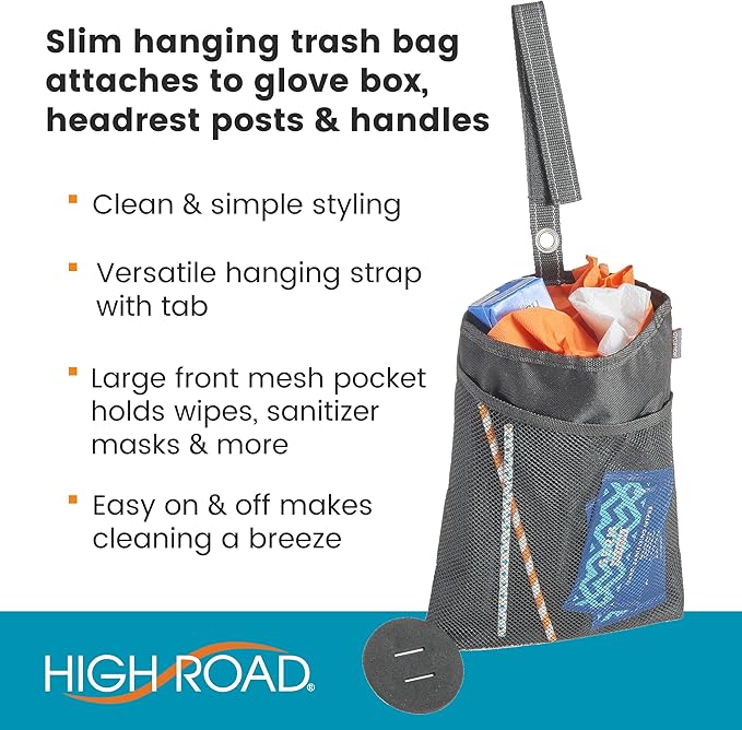 High Road TrimTrash Hanging Car Garbage Bag - Slim and Leakproof Car Trash Bag with Magnetic Closure and Storage Pocket - Attaches to Seat, Glovebox or Console