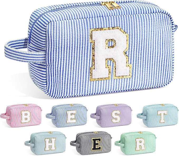 YOOLIFE Birthday Gifts for 6 7 8 9 10 11 12 13 14 15 Year Old Teen Girl - Initial Makeup Bag Letter Toiletry Pouch Cosmetic Case, Personalized Teen Girl Gifts Trendy Stuff Party Favor, Blue R