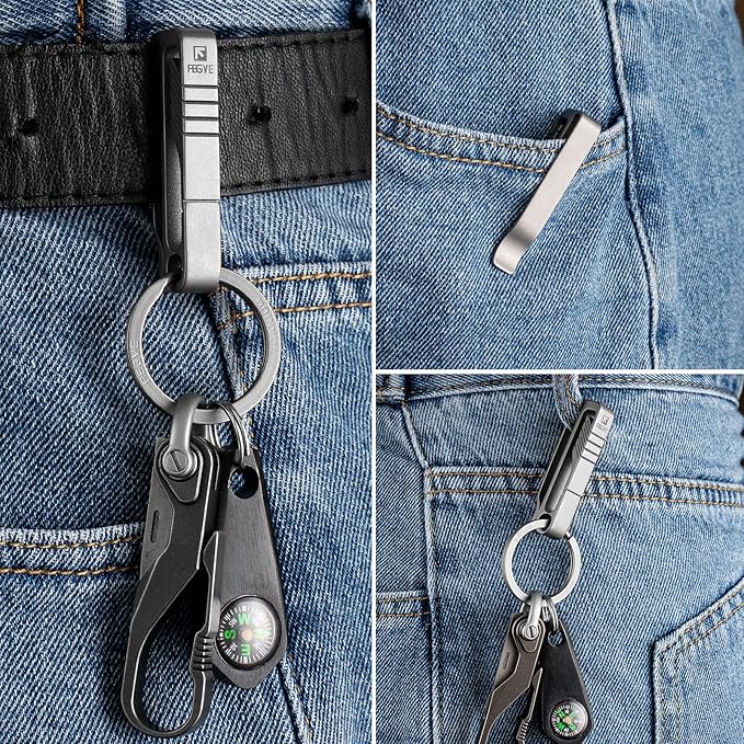 FEGVE Titanium Key Belt Clip with Key Ring, Belt Key Holder Key Chain Clip Black Keychain for Men