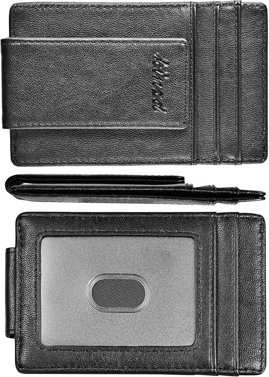 kinzd Slim Money Clip Wallet for Men Genuine Leather Front Pocket RFID Blocking Wallet, Minimalist Card Holder with 4 Strong Magnets Hold 30 Bills | RFID Blocking, Strong Magnet, thin