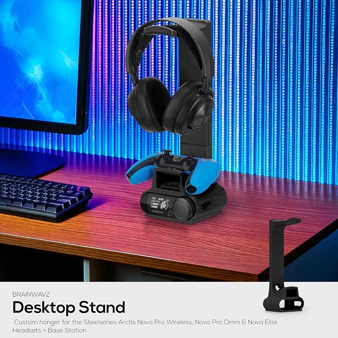 BRAINWAVZ Headphone & Game Controller Stand Designed for Steelseries Arctis Nova Pro, Elite and Pro Omni Wireless Headsets with Dock for the Wireless Base Station - Black (HP03)