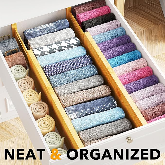SpaceAid Bamboo 4 Pack Dresser Drawer Dividers, 4.65??High Adjustable 17??22??Drawer Organizers, Expandable Organization for Clothing, Clothes, Dressers, Natural