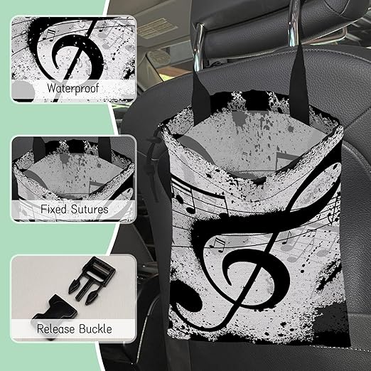 Music Notes Car Garbage Bag,Waterproof Small Car Trash Bag Hanging Back of Seat,Drawstring Hanging Car Trash Bag with Adjustable Buckle for Car Accessories