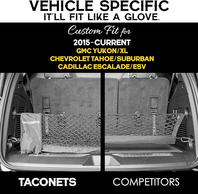 TacoNets Envelope Cargo Net for Suburban | Tahoe | Yukon/XL | Escalade/ESV - Fits 2015-Current - Upgraded 5mm Bungee - Integrated Storage Bag - Heavy Duty Hooks - Designed in USA
