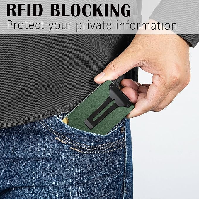 Slim Wallet for Men,RFID Blocking Minimalist Metal Wallet, Money Clip/Cash Holder, Front Pocket Aluminum Credit Card Holder, Ideal Gift for Men,Matt Green