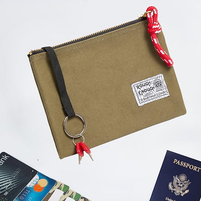 Rough Enough Passport Wallet for Men Women Compact Travel Pouch for Documents ID Essentials with Key Ring Heavy Duty Canvas
