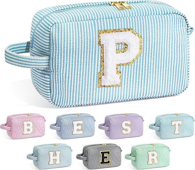 YOOLIFE Initial Cosmetic Bag for Women - Monogram Cute Makeup Bag Cosmetic Case Toiletry Pouch for Women Her Best Friend Sister Teacher, Personalized Birthday Gifts for Women, Light Blue P