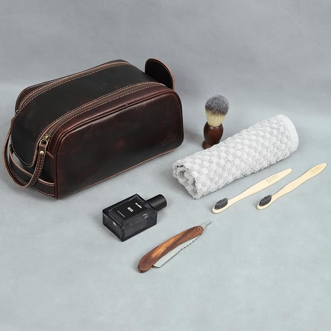 Toiletry Bag | Leather Dopp Kit for Men & Women – Travel Organizer with Multiple Compartments, Water-Resistant, Durable & Stylish | Grooming Essentials, Shaving & Makeup Pouch (Brown)