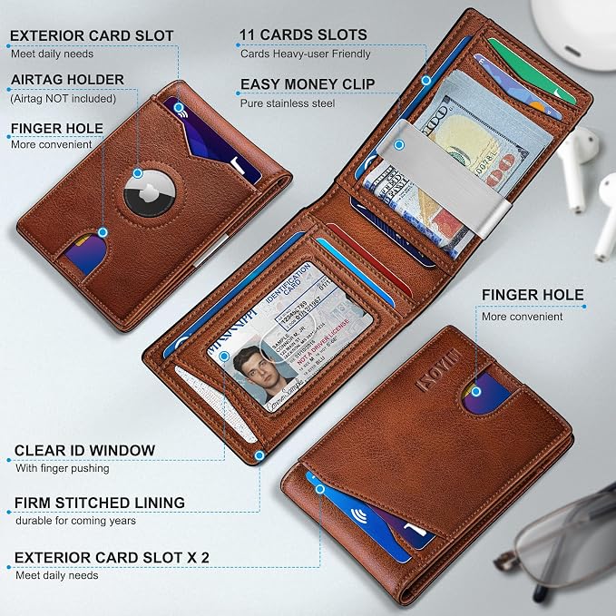 miyozi Airtag Wallet for Men,with Money Clip 11 Cards Slim Front Pocket Leather RFID Blocking Wallet with Gift Box