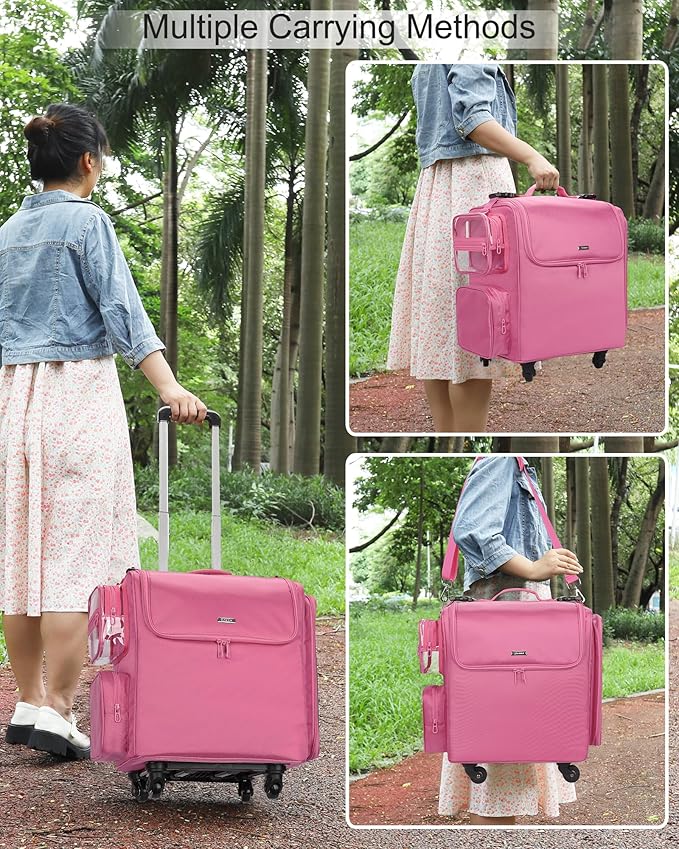 Relavel Rolling Makeup Train Case, Hairstylist Traveling Bag with 4 Wheels, Heat Insulation Full Layer, Adjustable Dividers, Hair Tools and Cosmetics Storage Organizer Trolley Suitcase, Rose Pink