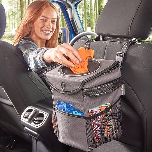High Road StashAway Heavy Duty Car Trash Can with Rubber Lid, 3 Storage Pockets and Sturdy Panels for Stable Floor or Hanging Seatback Use (Gray)