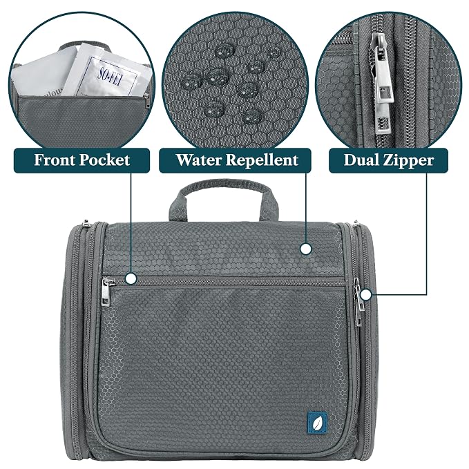 PAVILIA Large Hanging Toiletry Bag for Women Men, Travel Cosmetic Organizer with 10 Compartments, Swivel Hook and 3 Leakproof Pockets, Water Resistant Makeup Case, Packs Flat, Black
