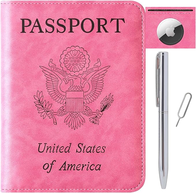 Airtag Passport Holder for Travel Essentials Wallet Rfid Blocking Cover Leather Case Vacation Travel Accessories for Women Men (601#Pink)