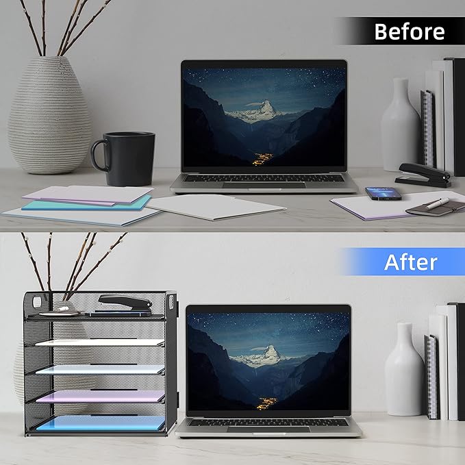 Supeasy 5 Trays Paper Organizer Letter Tray with Handle-Mesh Desk File Holders, Paper Sorter Desk Organizer for Office, Home, Classroom or School