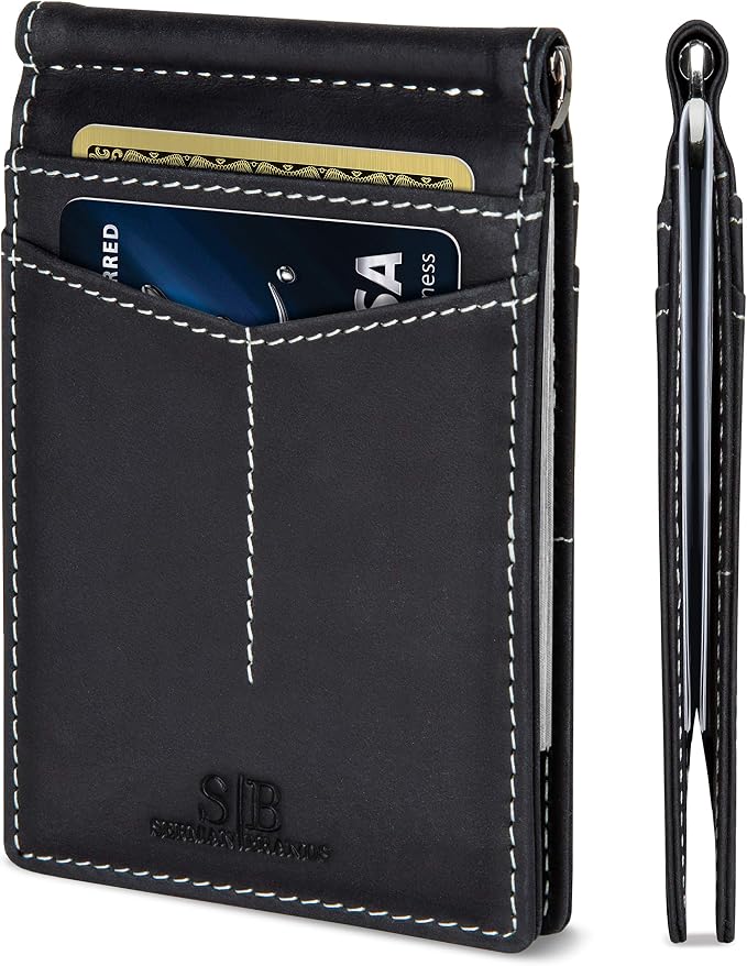 SERMAN BRANDS RFID Blocking Wallet Slim Bifold - Genuine Leather Minimalist Front Pocket Wallets for Men with Money Clip Gift