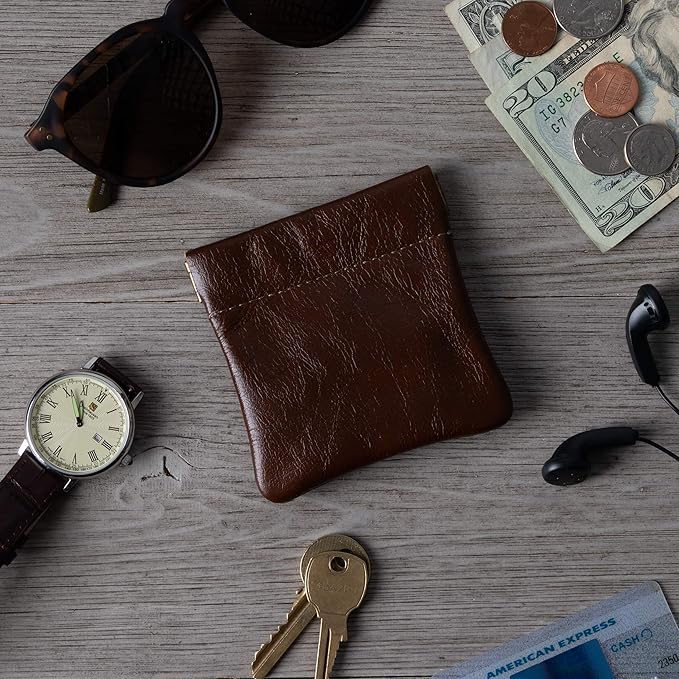 Nabob Leather Genuine Leather Squeeze Coin Purse, Coin Pouch Made IN U.S.A. Change Holder For Men/Woman Size 3.5 X 3.5 (Chestnut)
