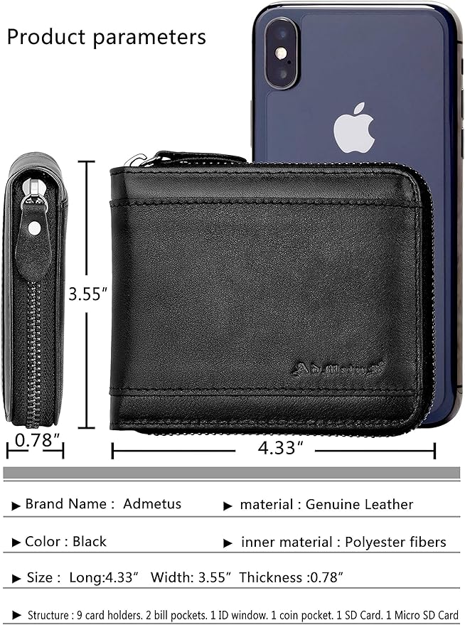 Admetus Mens RFID Blocking Wallets Zipper Leather Wallet for Men Bifold RFID Card Holder