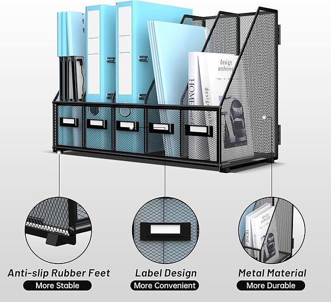 SUPEASY Desk Organizers Metal Desk Magazine File Holder with 16''x12''x12'' 5 Vertical Compartments Rack File Organizer for Office Desktop, Classroom, Home Workspace, Black Plus