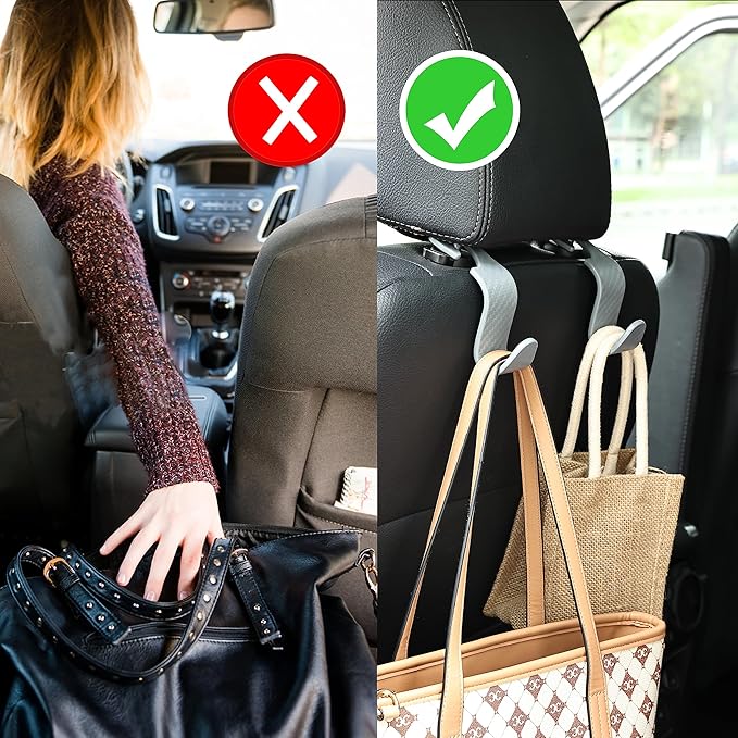 Car Seat Headrest Hook Universal Vehicle Seat Hook Hangers Interior Storage Organizer for Purse Handbag Coats Umbrellas Grocery Bags 4 Pack Grey