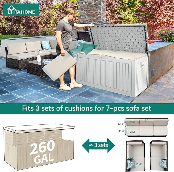 YITAHOME 260 Gallon Extra Large Deck Box, Double-Wall Resin Outdoor Storage Box with Flexible Divider for Patio Cushions Pool Supplies Garden Tools, 1000lbs Load Capacity, Lockable&Waterproof (White)
