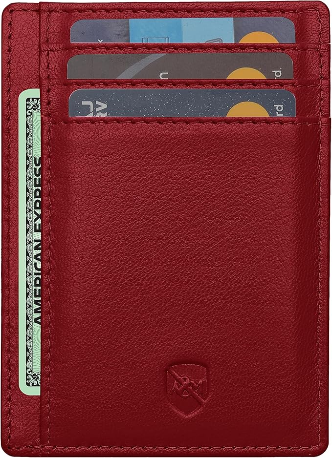 ALLEN & MATE 100% Genuine Leather Slim Minimalist wallet RFID Blocking Card Holder Wallets for Men & Women - Holds 7 Cards, ID & Cash with Gift Box (Maroon)